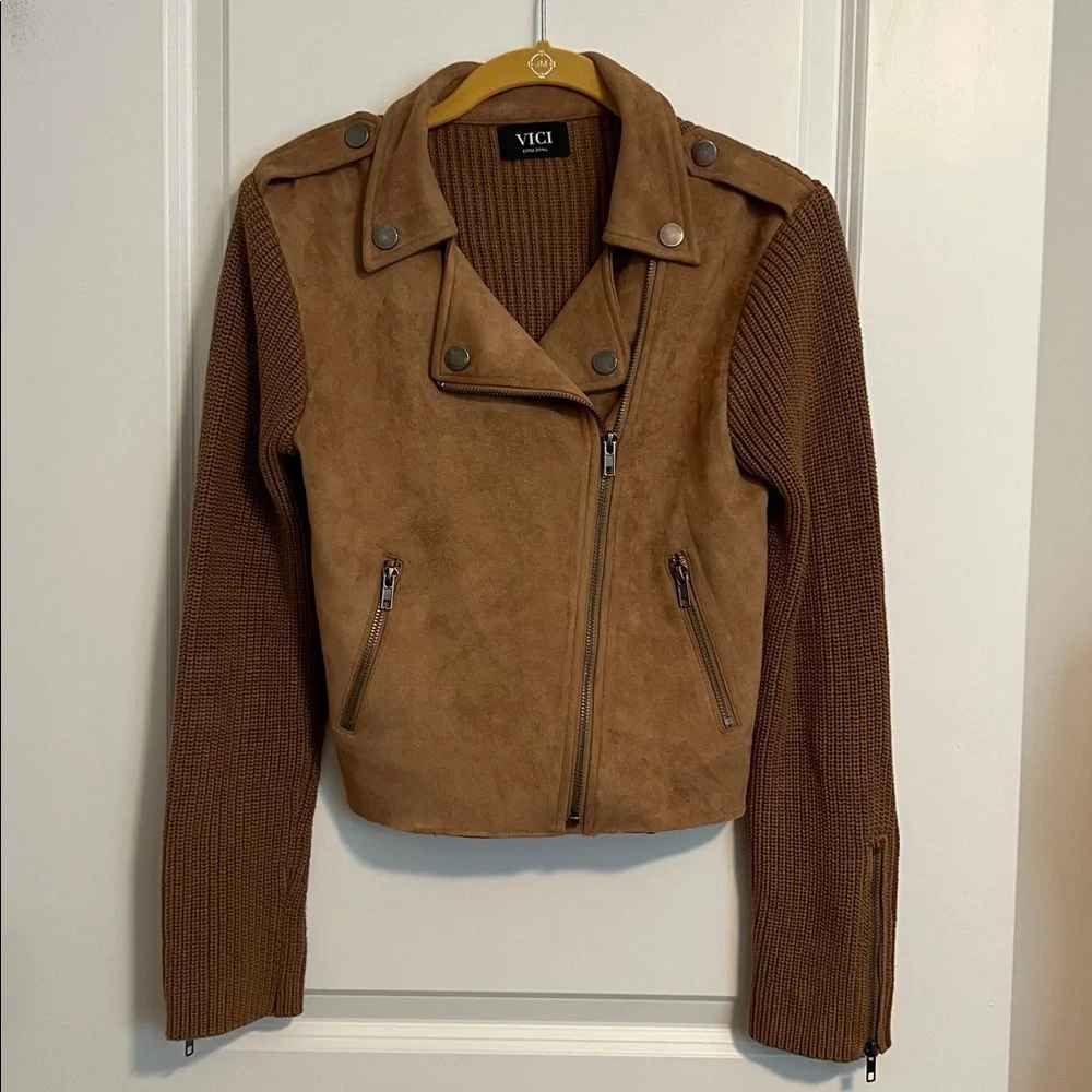 VICI Camel Fall Neutral Moto Jacket Ribbed Knit Sleeve Detail Extra Small